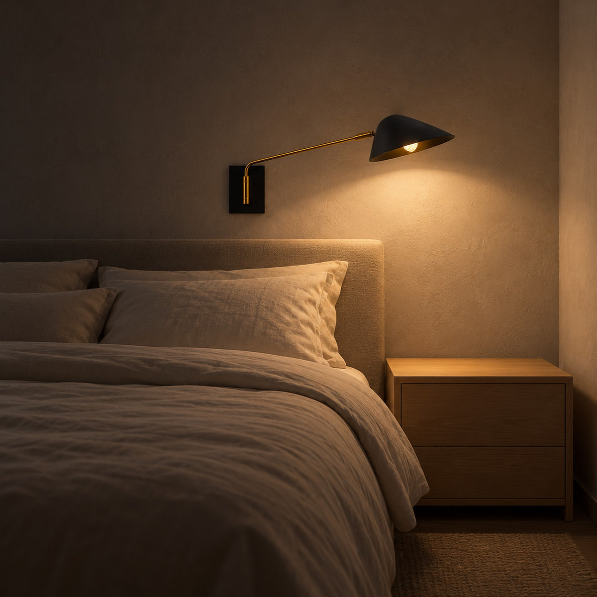 Lirmena black bedside wall light casting warm white light beside a bed at night
