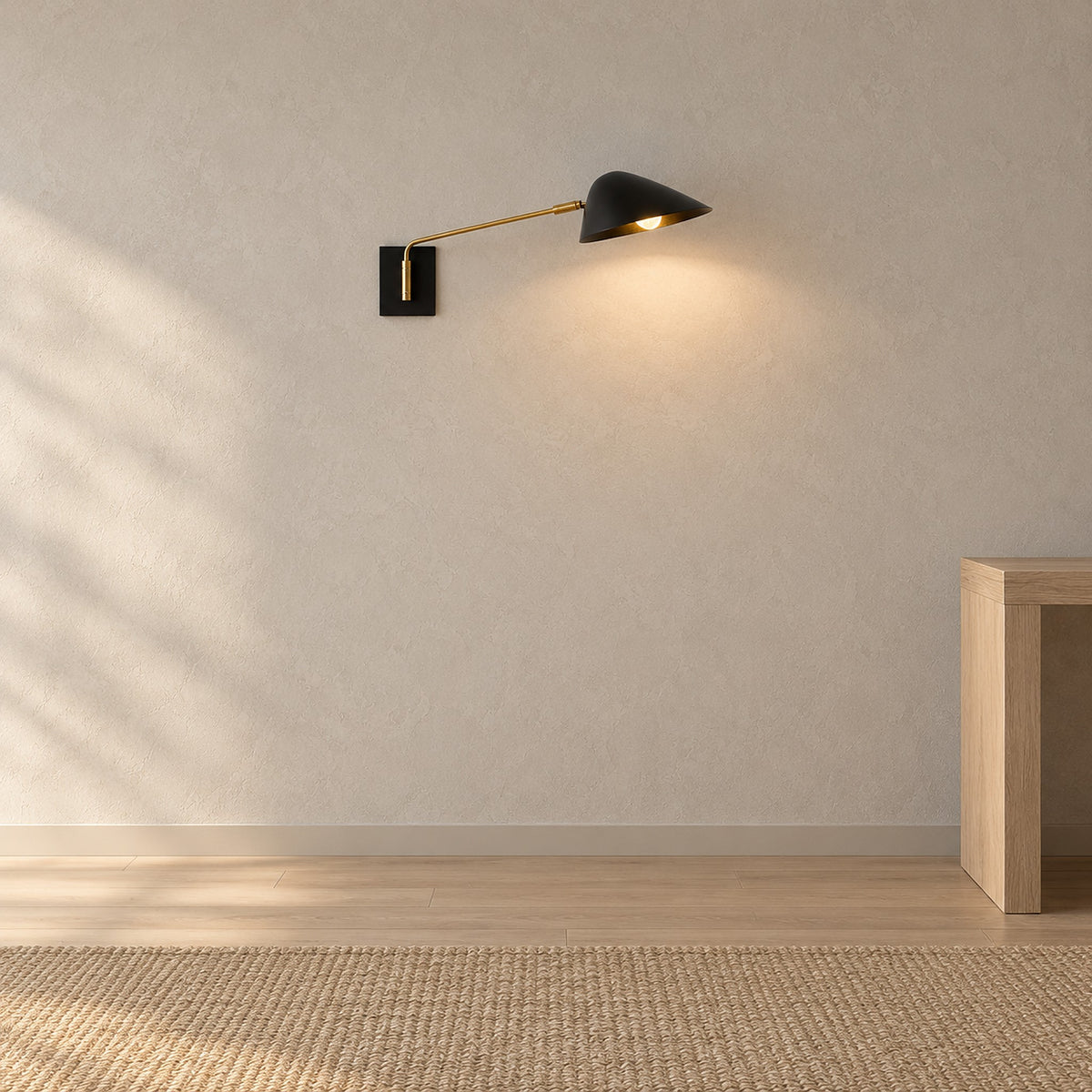 Lirmena black wall light switched on along a tidy hallway wall in daylight