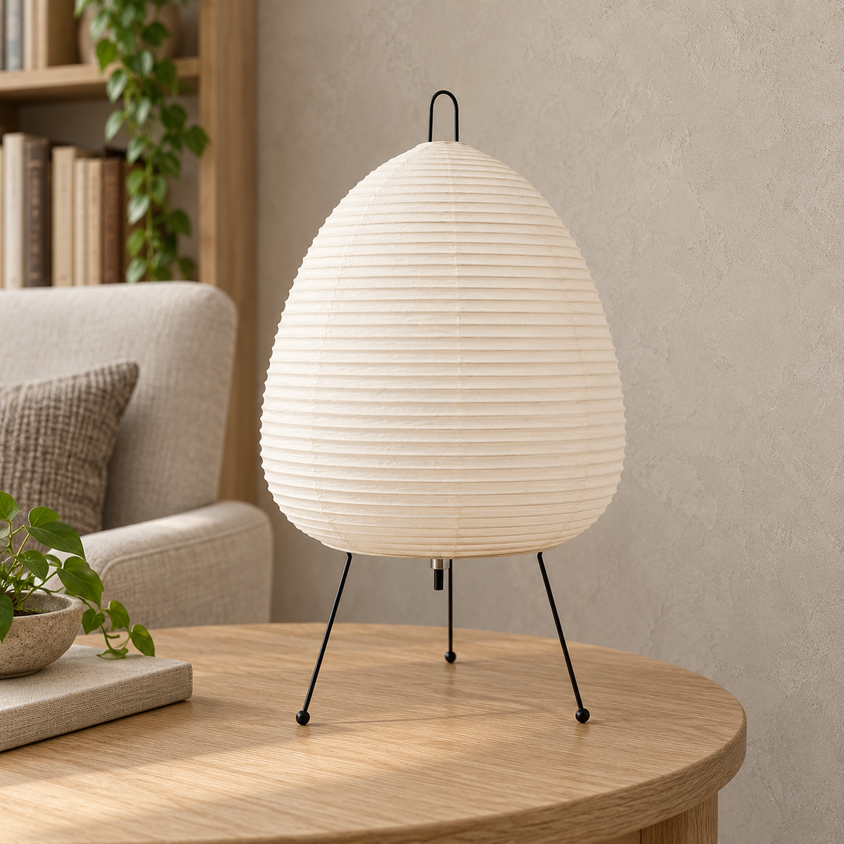 Lirveno white bedside lamp up close, showing the ribbed handmade rice paper shade unlit