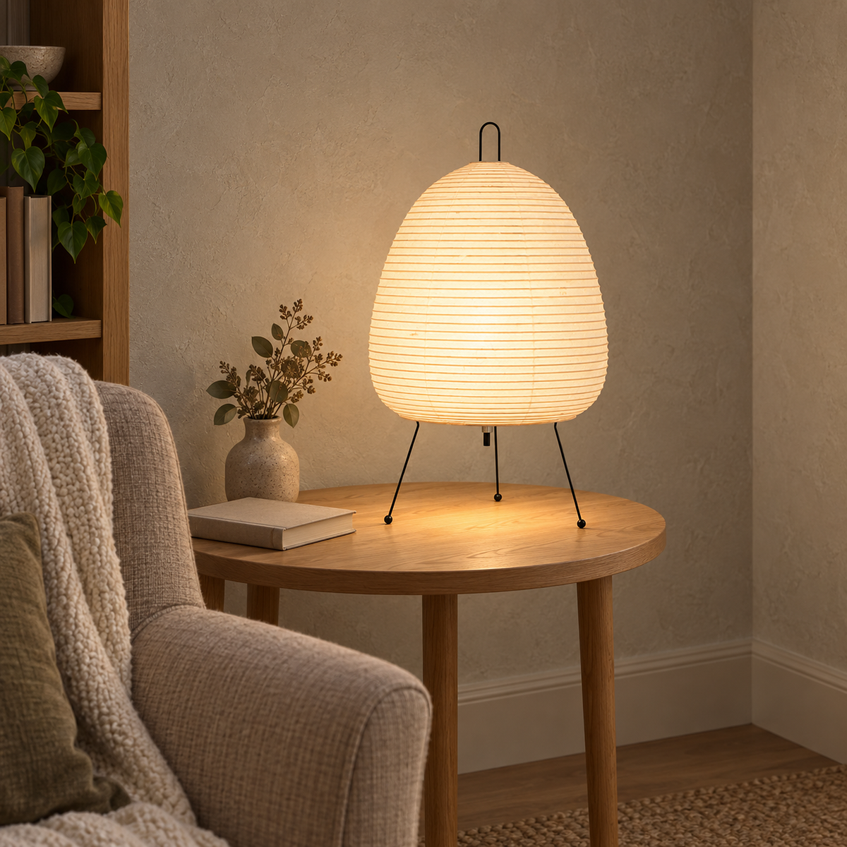 Lirveno white rice paper table lamp glowing beside a reading chair in a home library