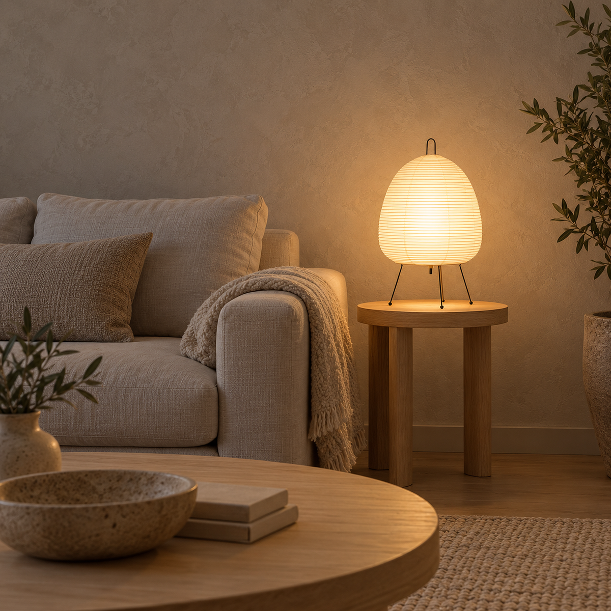 Lirveno white table lamp glowing warm yellow on a wooden side table beside a beige sofa in a dim living room