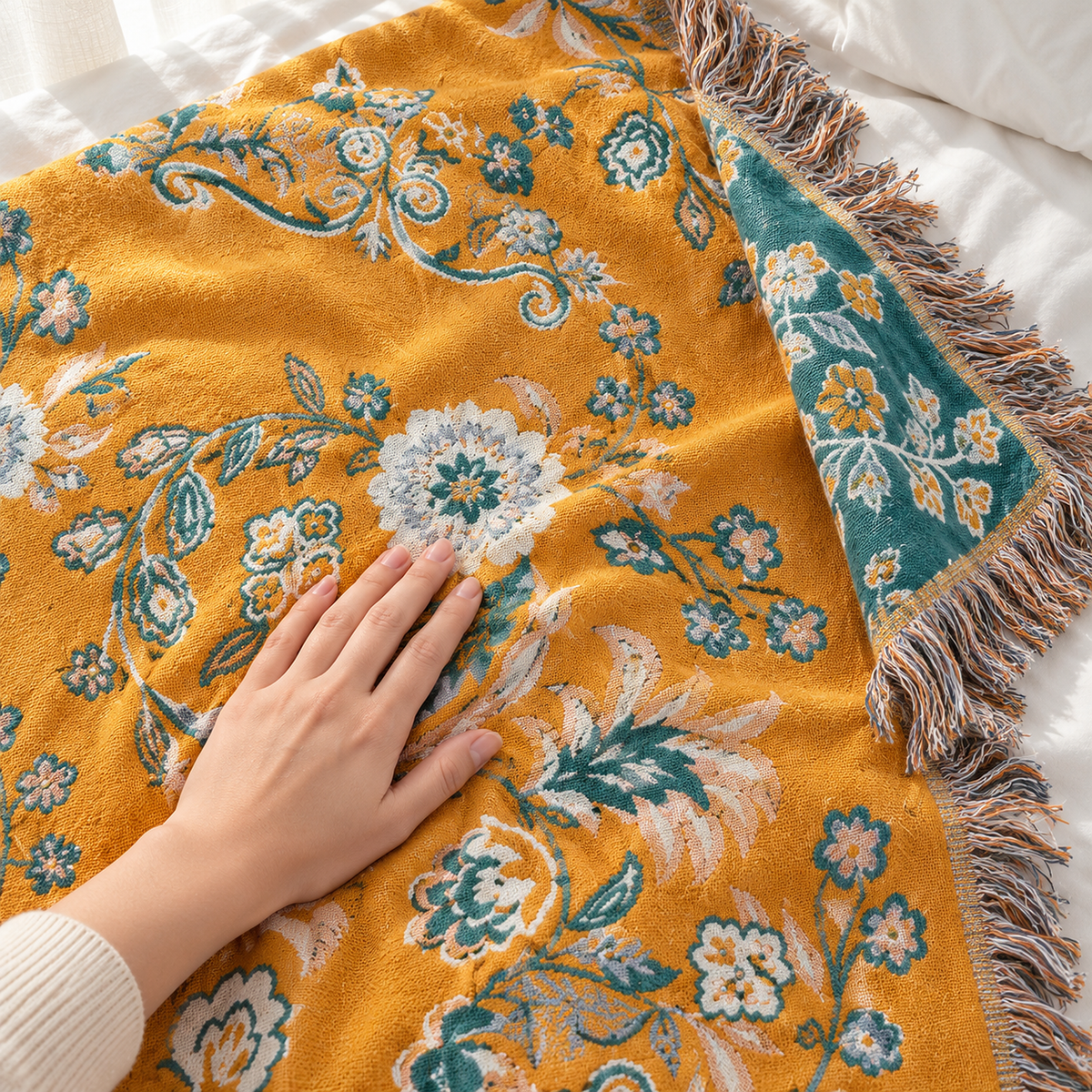 Lisevaro orange gold and teal cotton throw blanket being smoothed by hand across a white twin bed
