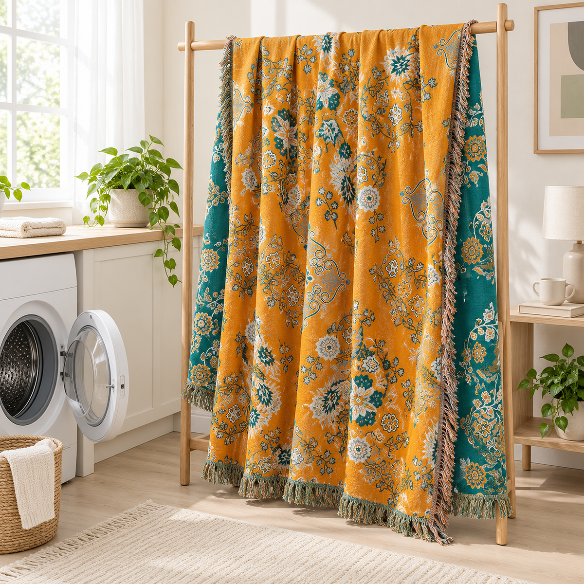 Lisevaro orange gold and teal cotton throw blanket ready for machine washing in a bright utility room