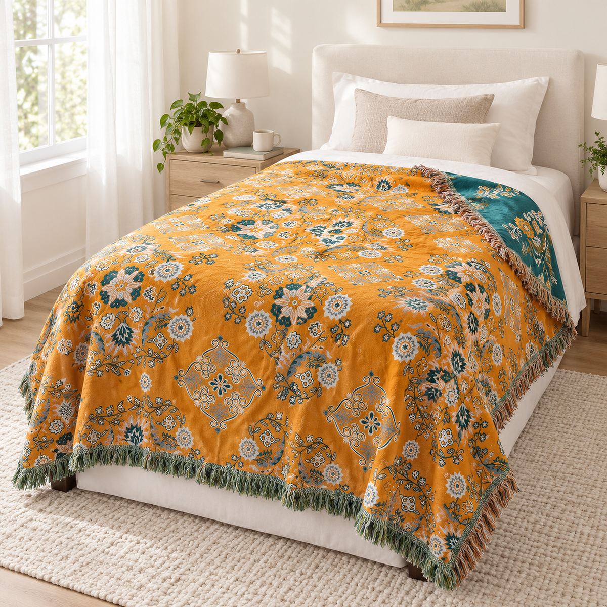 Lisevaro orange gold and teal cotton throw blanket finishing a twin bed made with white sheets