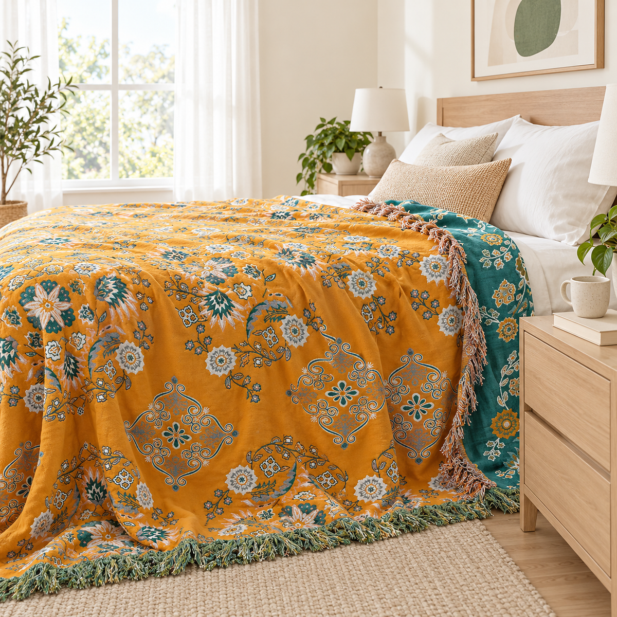Lisevaro orange gold floral blanket with teal reverse and tassel fringe spread over a bed in a bright bedroom