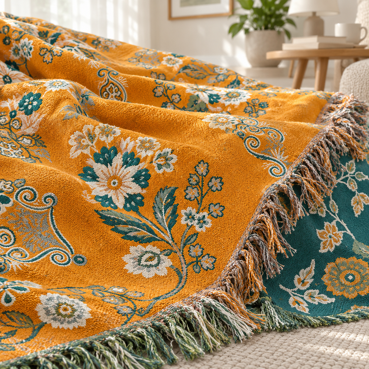 Lisevaro orange gold and teal cotton throw blanket close up of the yarn dyed floral jacquard weave