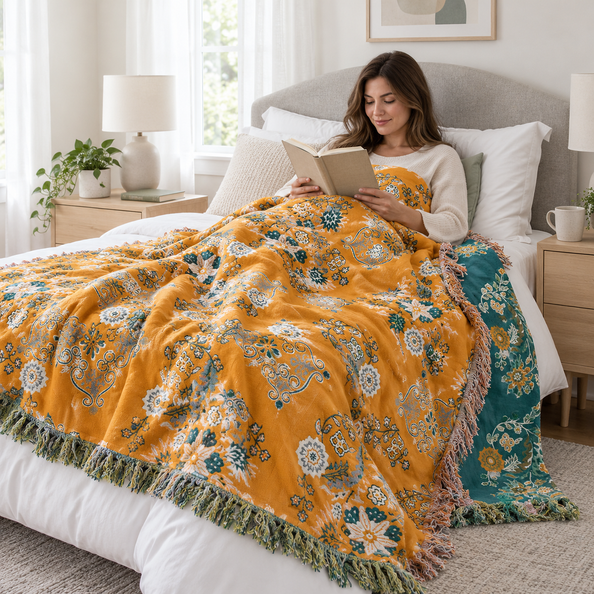 Lisevaro orange gold and teal cotton throw blanket covering an adult resting in a twin bed