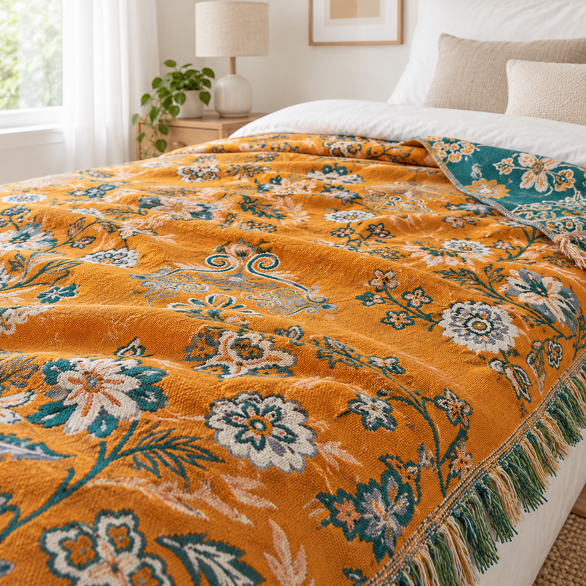 Lisevaro orange gold and teal soft throw blanket made up on the bed, ready for sleep in a bright bedroom