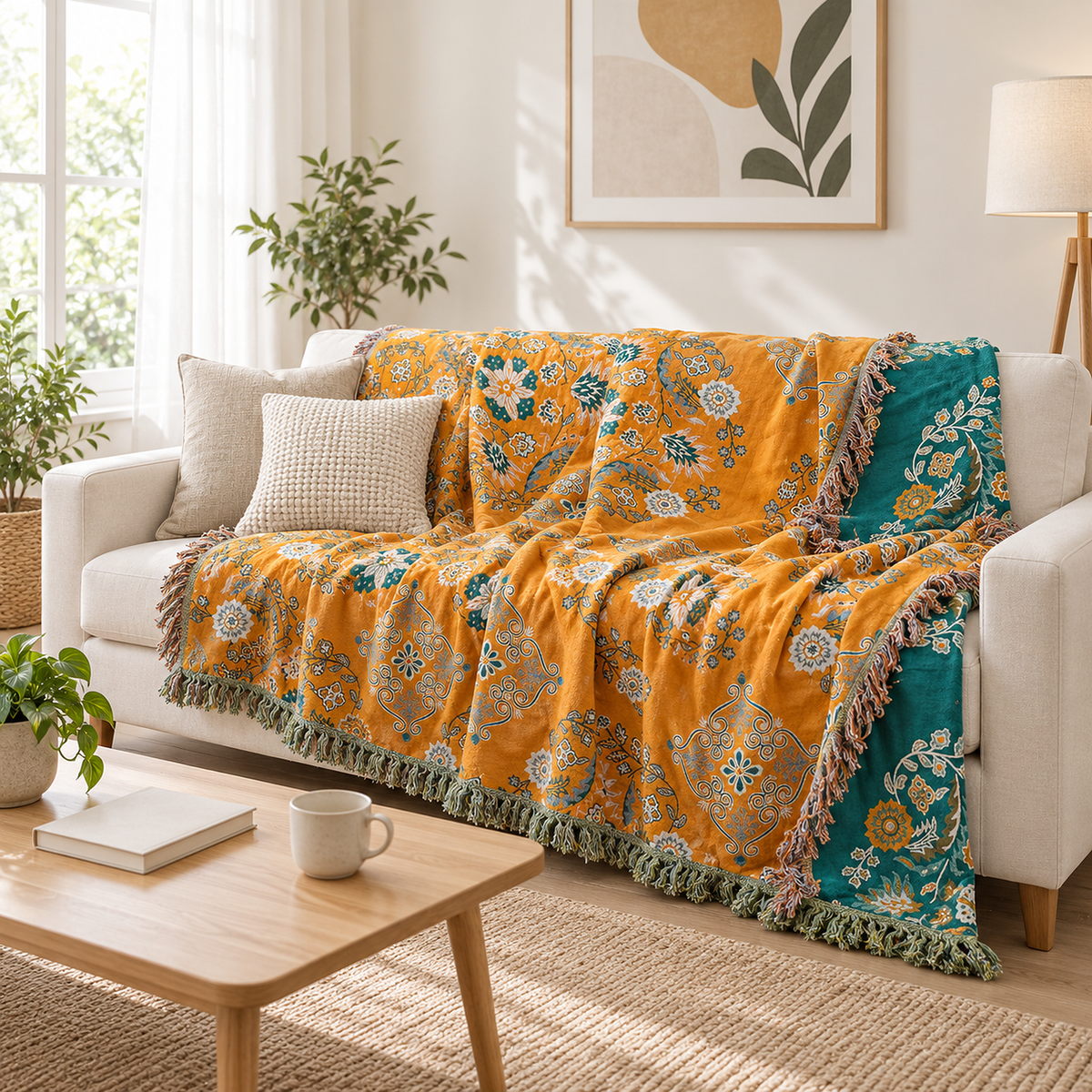 Lisevaro orange gold and teal throw blanket spread open as a floral sofa cover in a bright sitting room