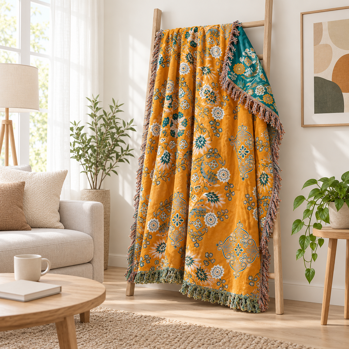 Lisevaro orange gold and teal throw blanket turned at the corner to show its reversible orange and teal sides