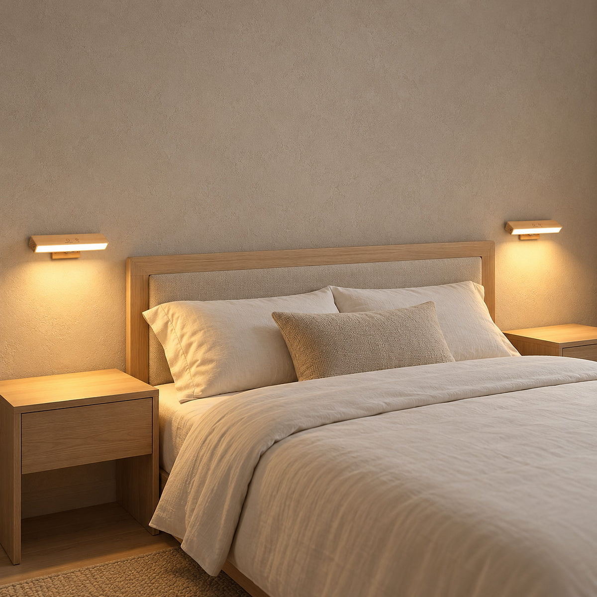 Lisomar main rechargeable wall sconce pair beside a made bed, keeping the nightstands clear