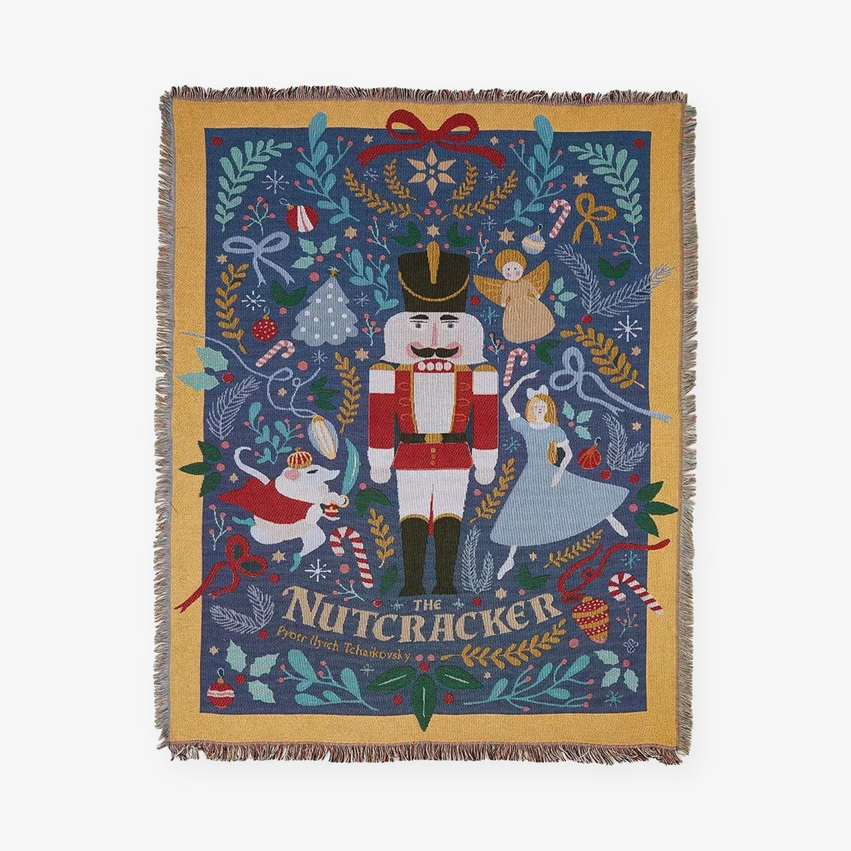 Lisorvan christmas cotton throw blanket shown flat in full, with fringed edges and a colorful Nutcracker design.