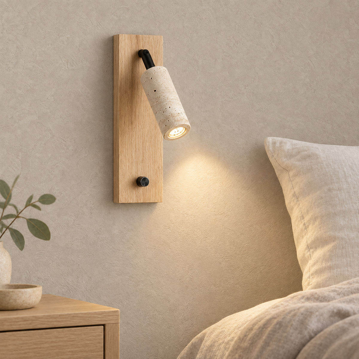 Lomarel wood bedside lamp lit above a clear nightstand top in the guest sleeping loft
