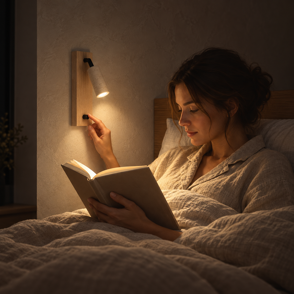 Lomarel wood LED reading wall sconce brightening an open book held by a reader in bed at night
