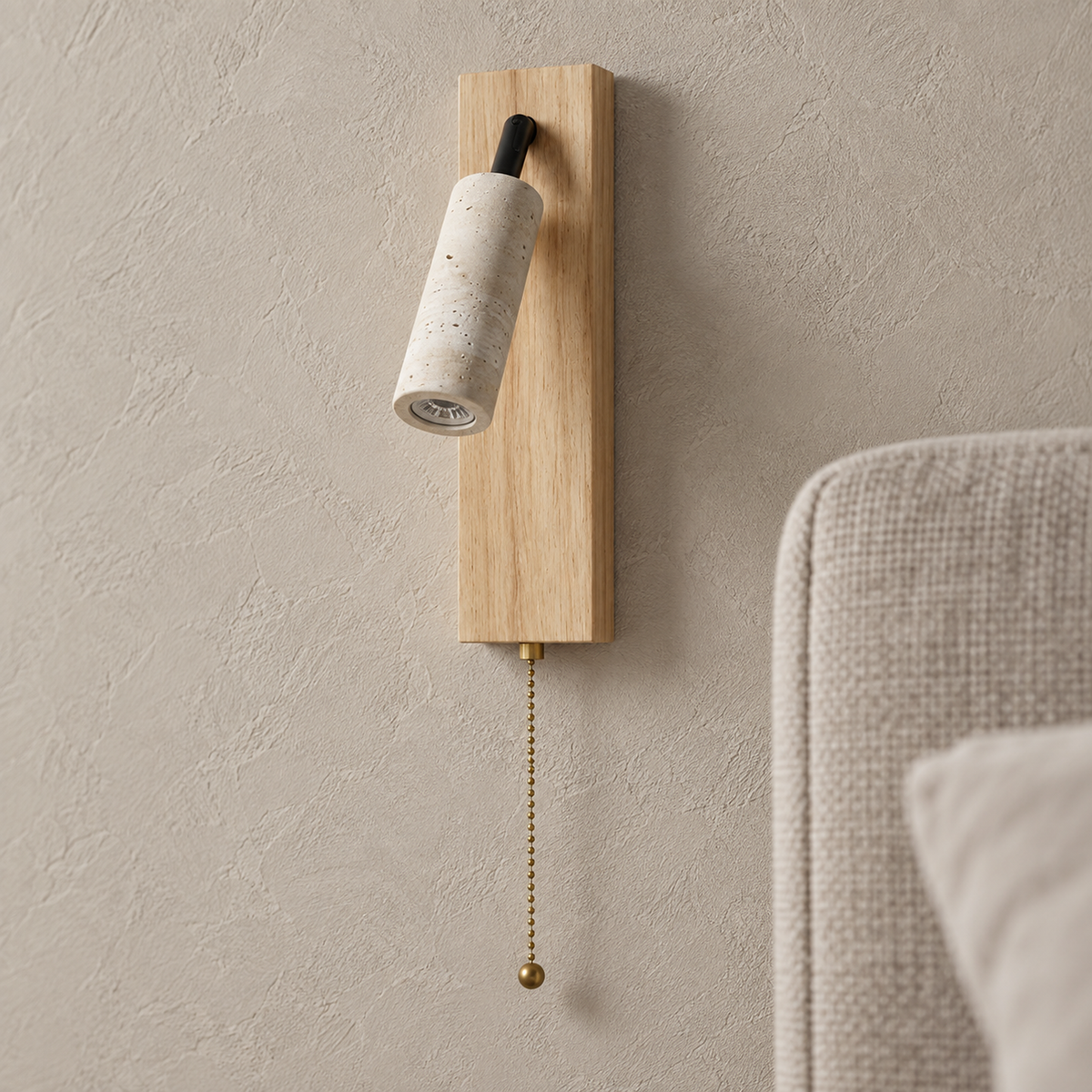 Lomarel wood LED reading wall sconce close up showing travertine pores and a recessed light face
