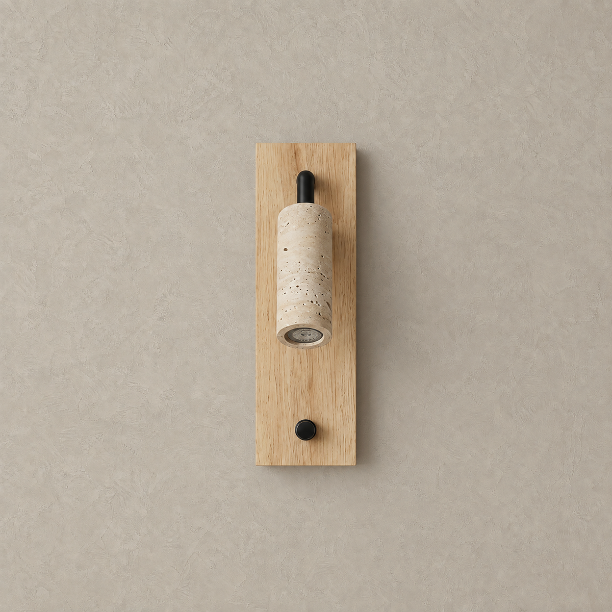Lomarel wood LED reading wall sconce switched off against greige plaster wall