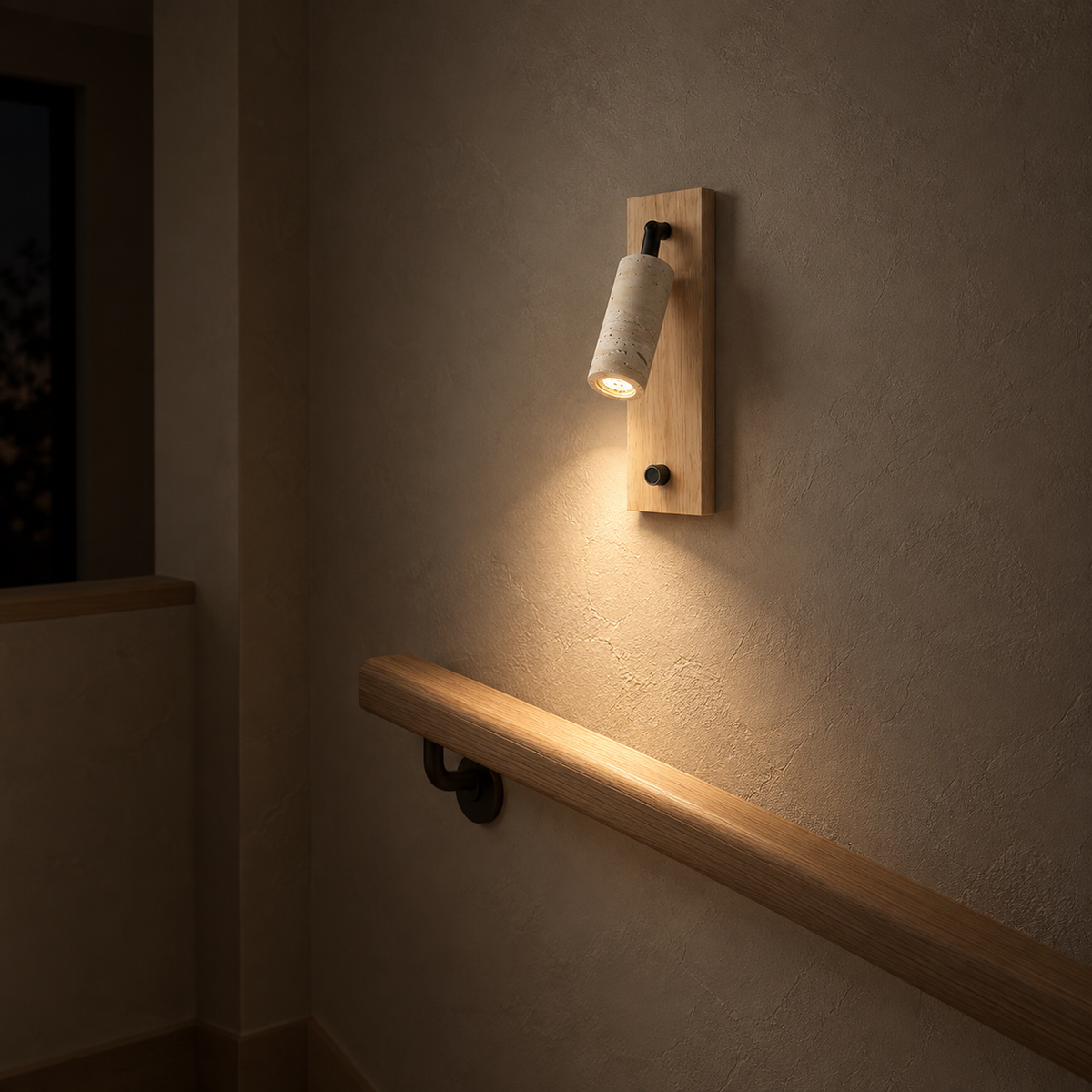 Lomarel wood LED wall sconce casting warm light above a stair landing handrail at night