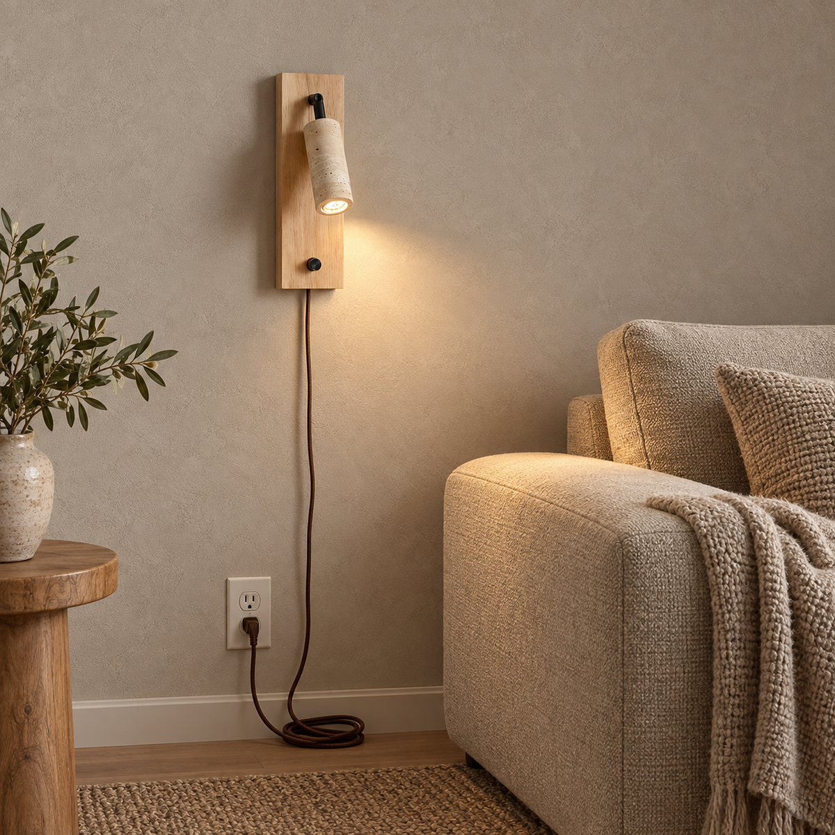 Lomarel wood LED wall sconce lit with its plug in cord connected beside a living room sofa
