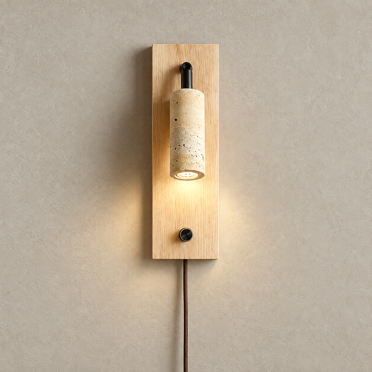 Lomarel wood LED wall sconce plug in model lit alone on a plain plate showing its cord