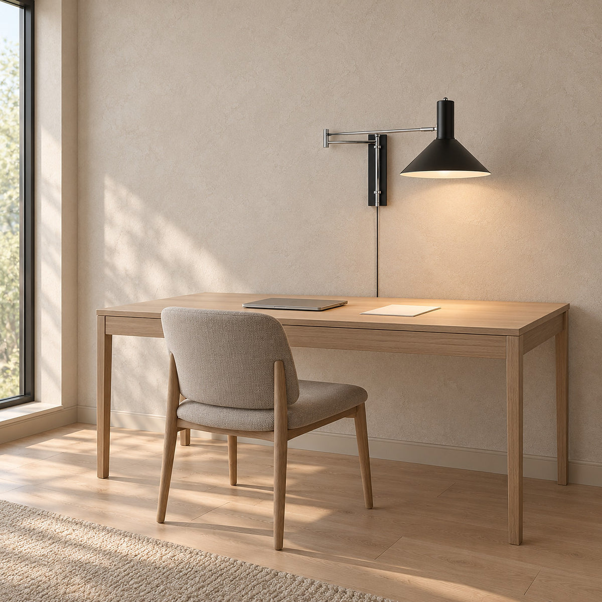 Lomaresi black plug in wall sconce mounted over a home office desk, keeping the desktop clear
