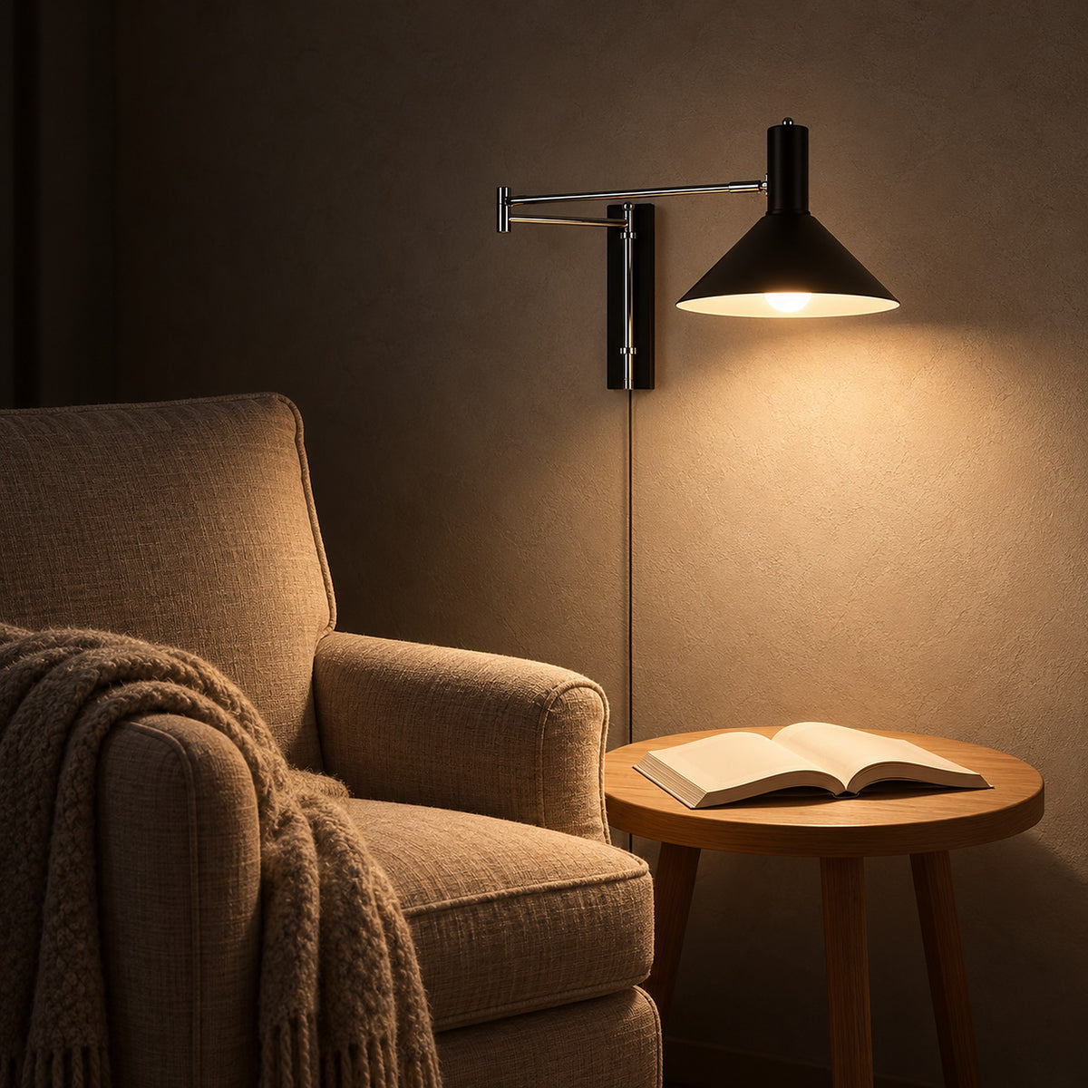 Lomaresi black wall light shining onto an open book in a library reading niche at night
