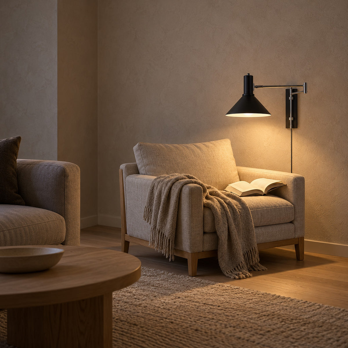Lomaresi black wall light with the swing arm extended beside a living room armchair