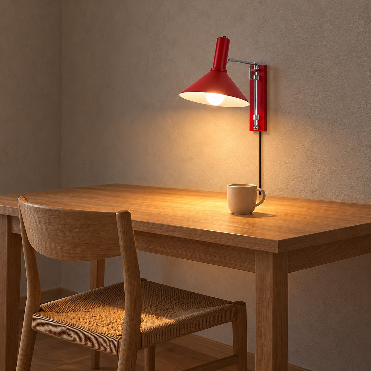 Lomaresi red plug in wall light with folding arm lighting the tabletop in a dining nook #color_red