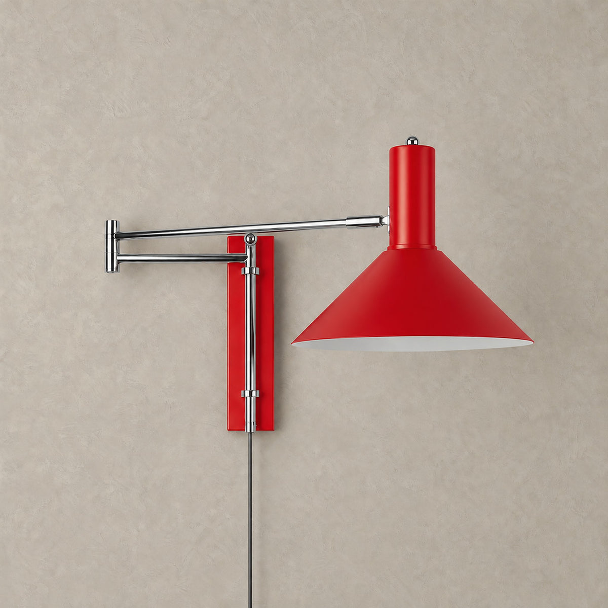 Lomaresi red wall sconce with a metal swing arm, shown unlit on a plain backdrop #color_red