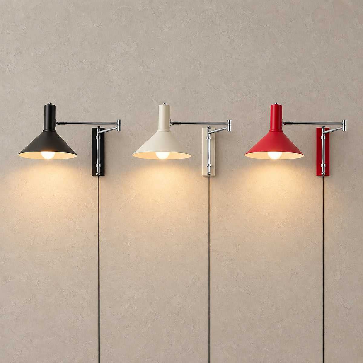 Lomaresi wall light in black, white and red, all three colors lit side by side for comparison