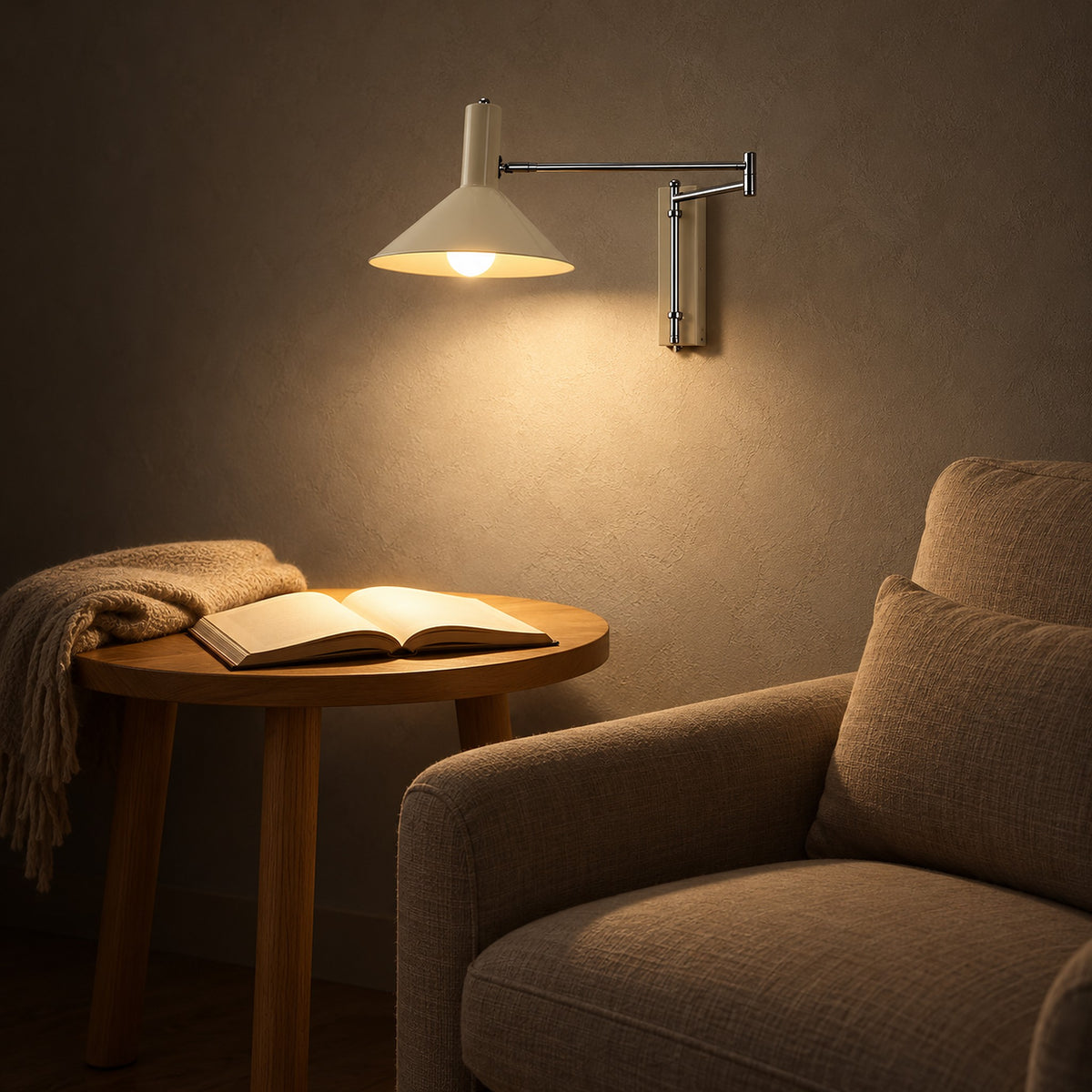 Lomaresi white plug in wall light lighting up a book in a library reading niche at night #color_white