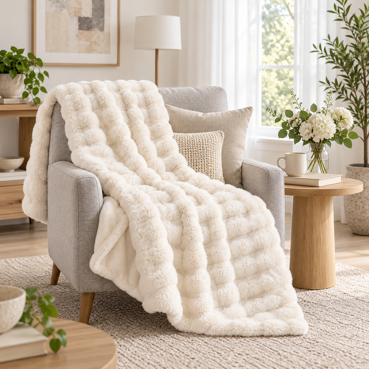Lomarsi ivory cream throw blanket for couch draped across an armchair in a bright music room sitting corner #color_ivory cream