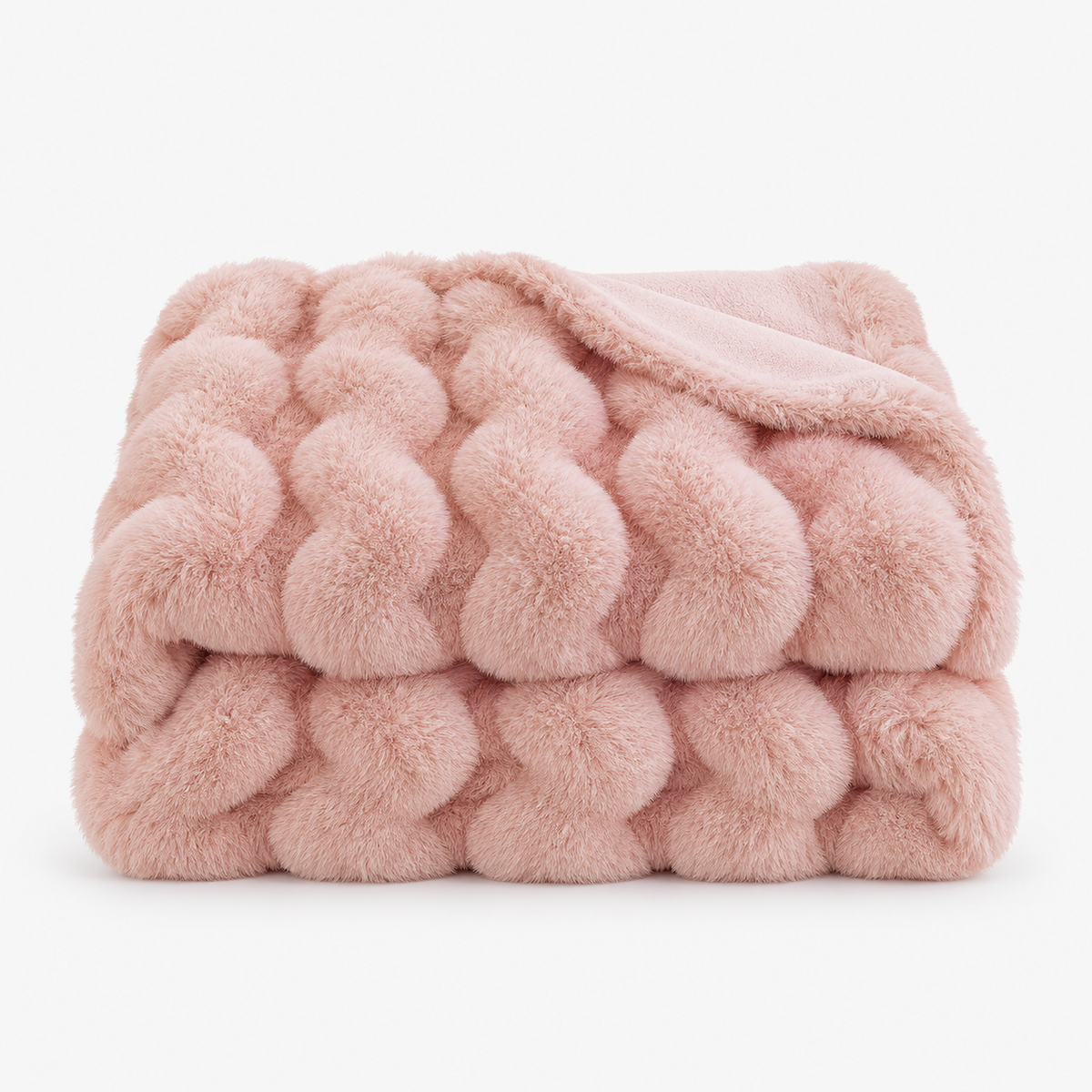 Lomarsi rose blush faux fur throw blanket loosely folded on a plain white background