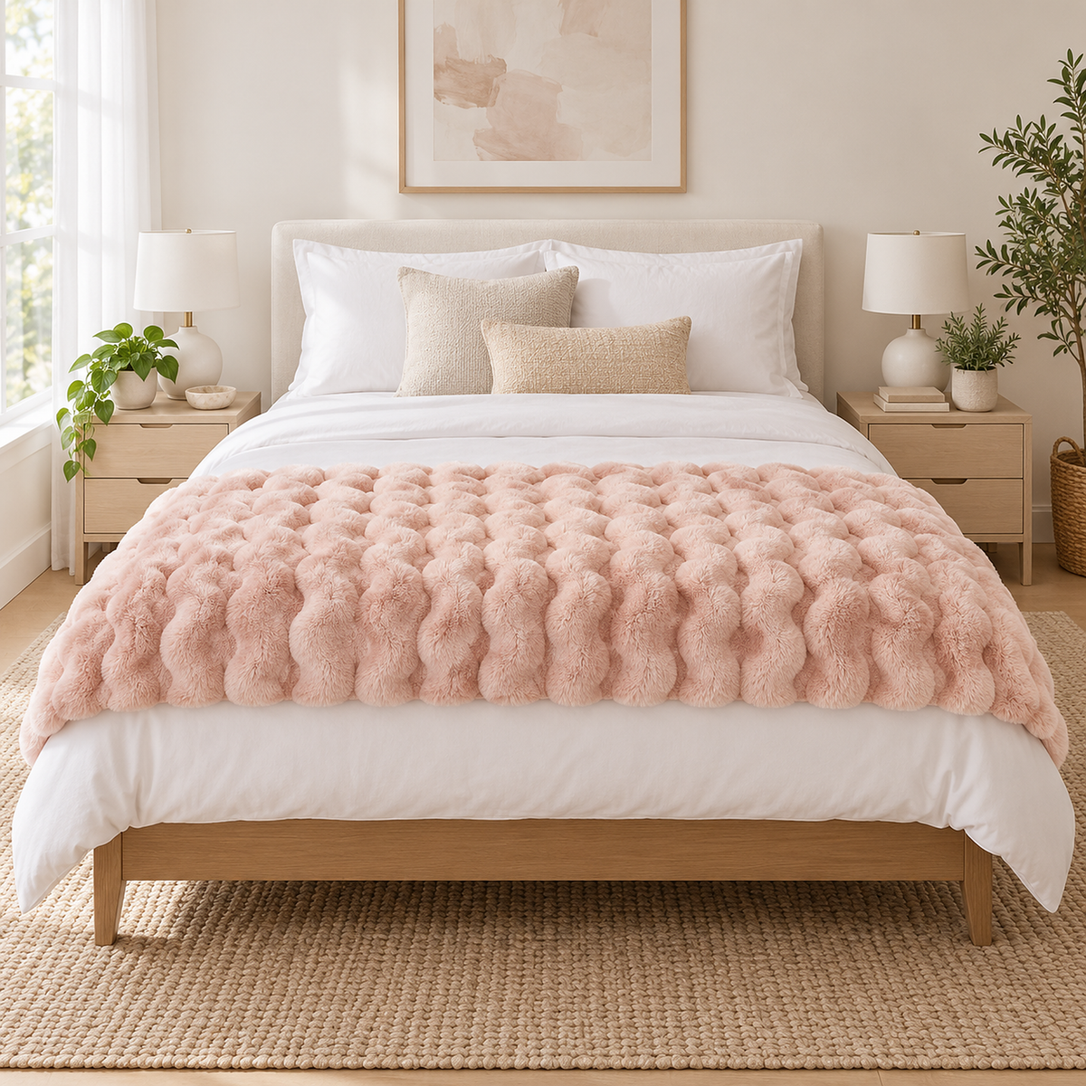 Lomarsi rose blush soft throw blanket spread crosswise at the foot of a bed in a bright bedroom