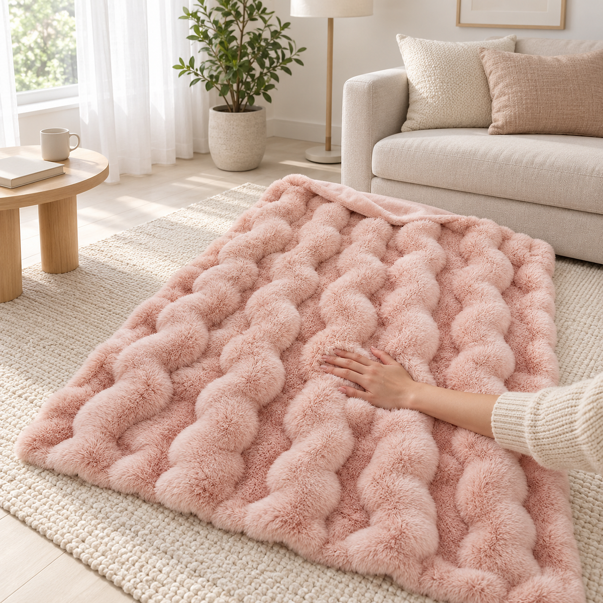 Lomarsi rose blush soft throw blanket with an adult hand pressing into the plush pile