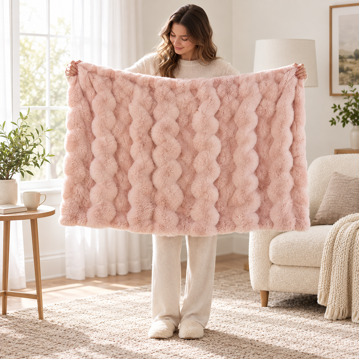 Lomarsi rose blush throw blanket held fully open by an adult beside a reading chair in a library alcove