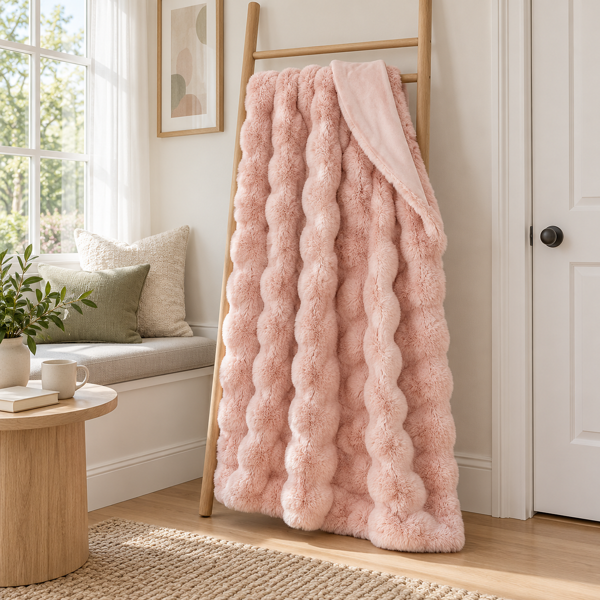 Lomarsi rose blush throw blanket on a hallway blanket ladder, corner turned to reveal the velvet reverse