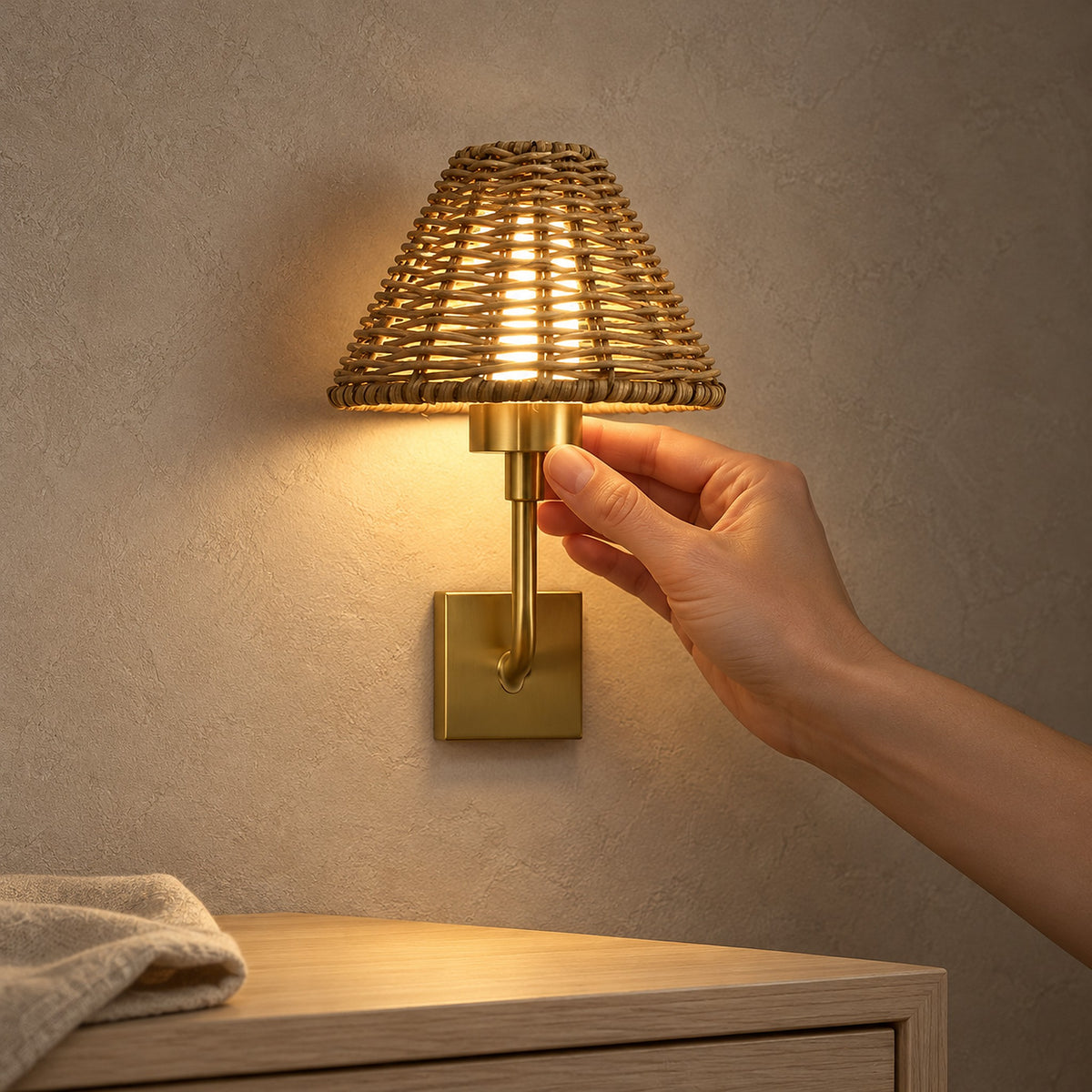 Lomarvi gold battery operated wall sconce glowing warm white through its open weave in a dining room