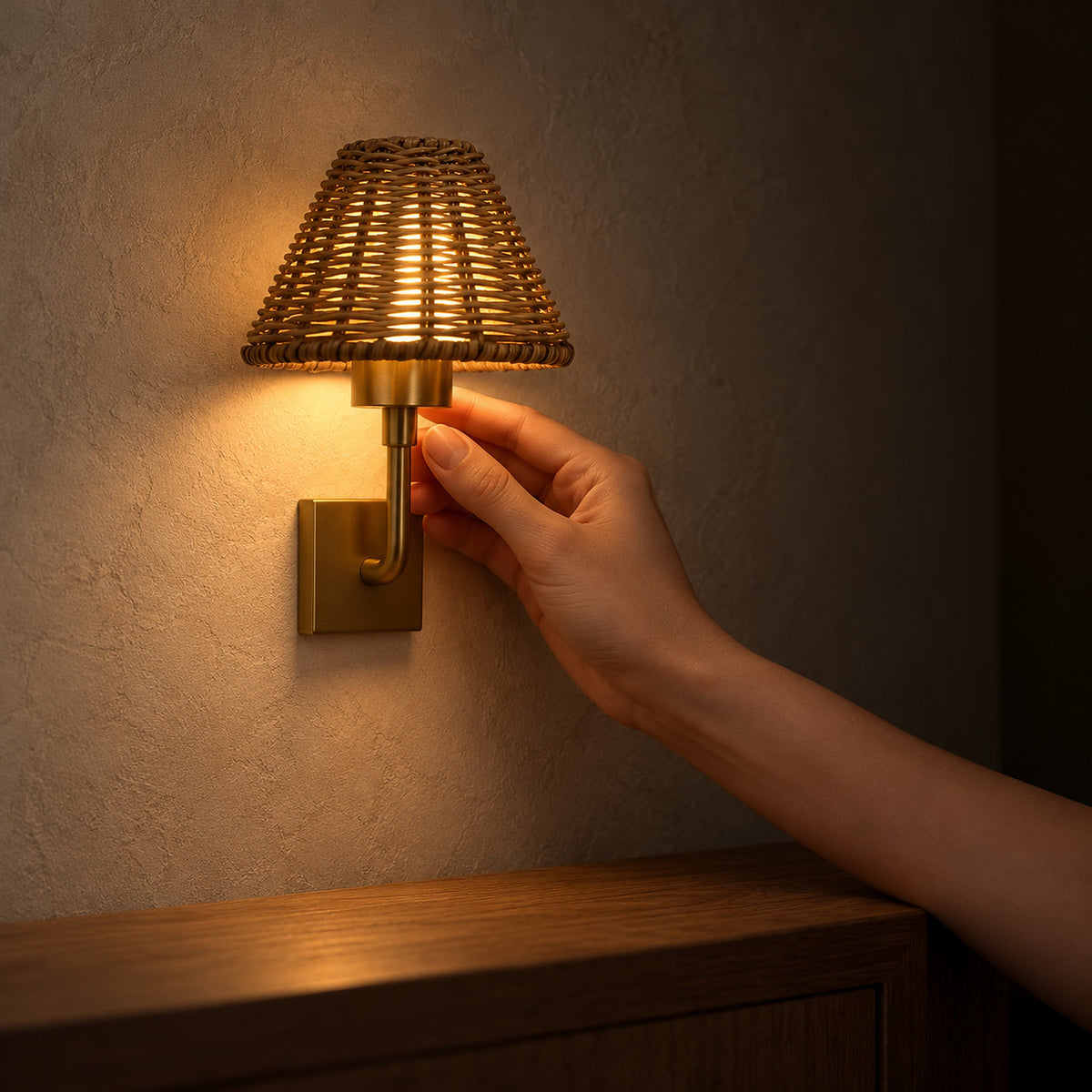 Lomarvi gold LED wall sconce dimmed to a softer evening glow in an entryway at night