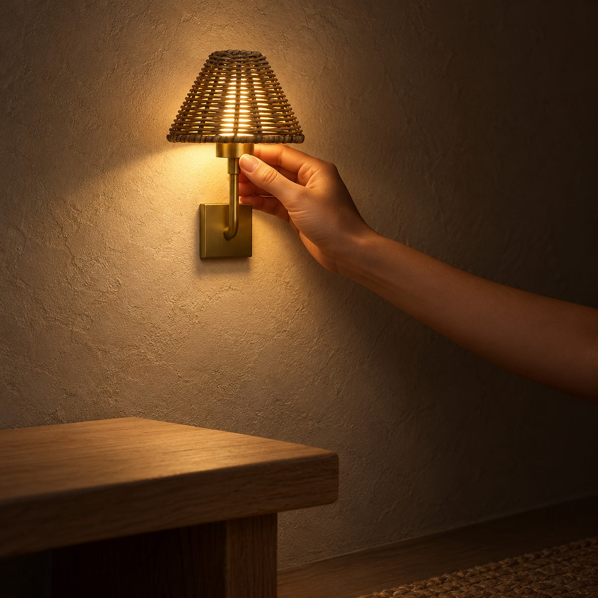Lomarvi gold rechargeable wall sconce lighting a dark hallway at night with soft warm white light