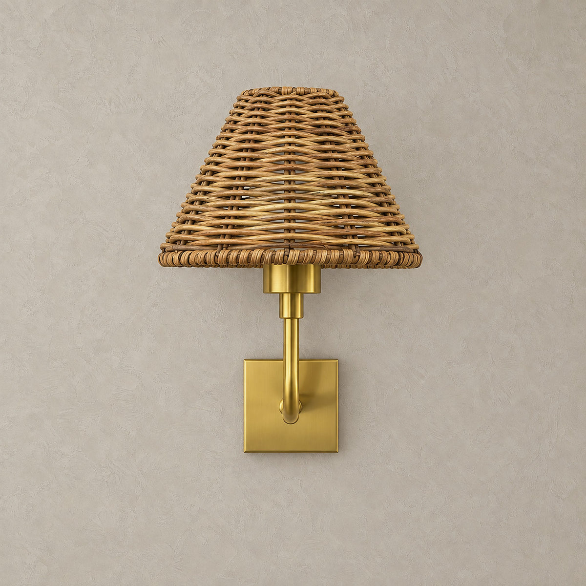 Lomarvi gold rechargeable wall sconce, unlit, with a square wall plate and natural woven rattan shade