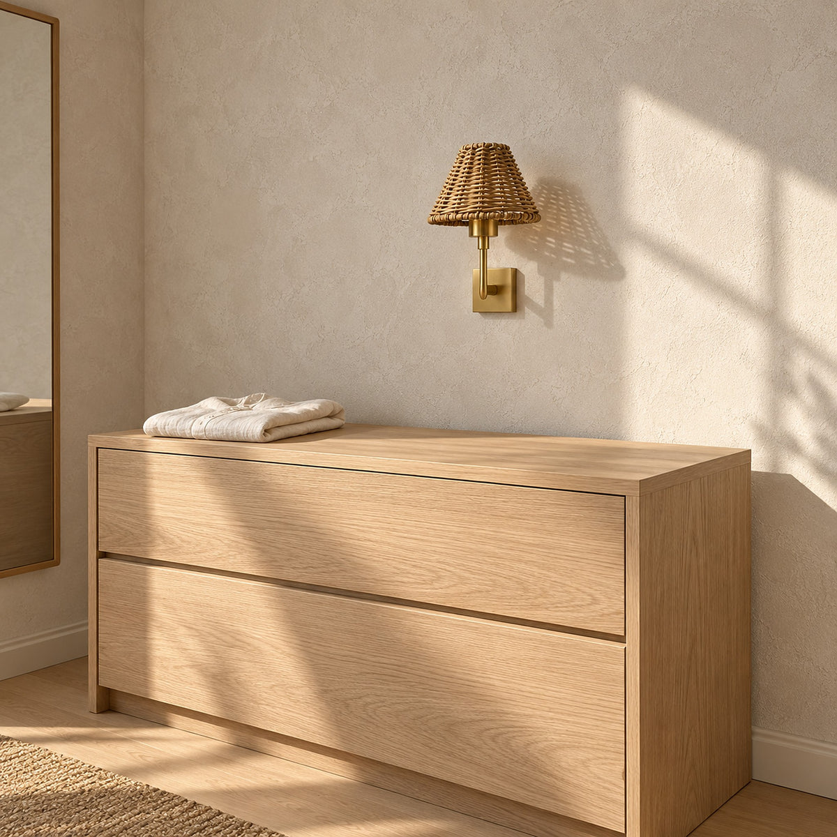 Lomarvi gold wall lamp, unlit, mounted beside a mirror in a dressing room