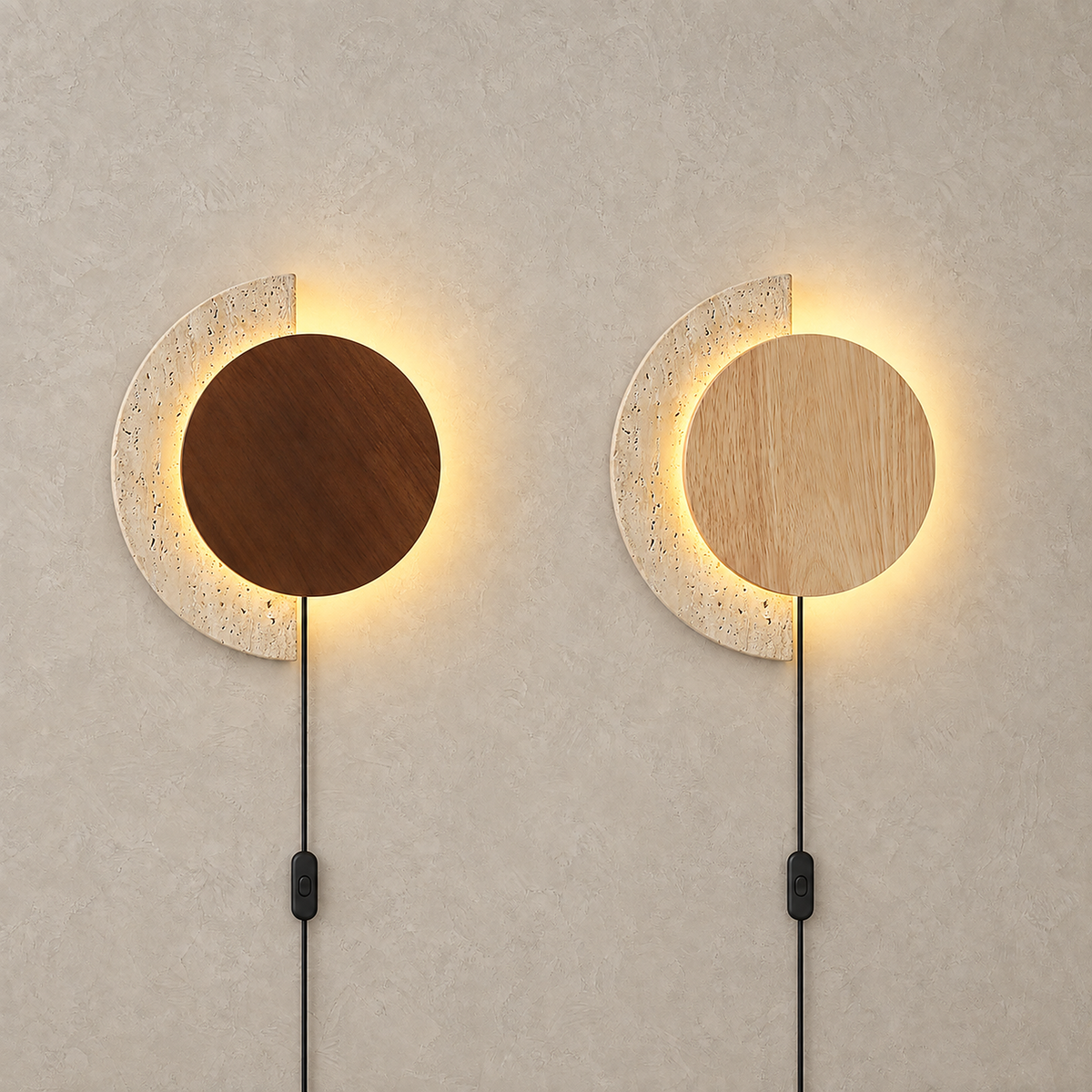 Lomavo LED wall sconce in walnut and wood colors lit side by side for finish comparison