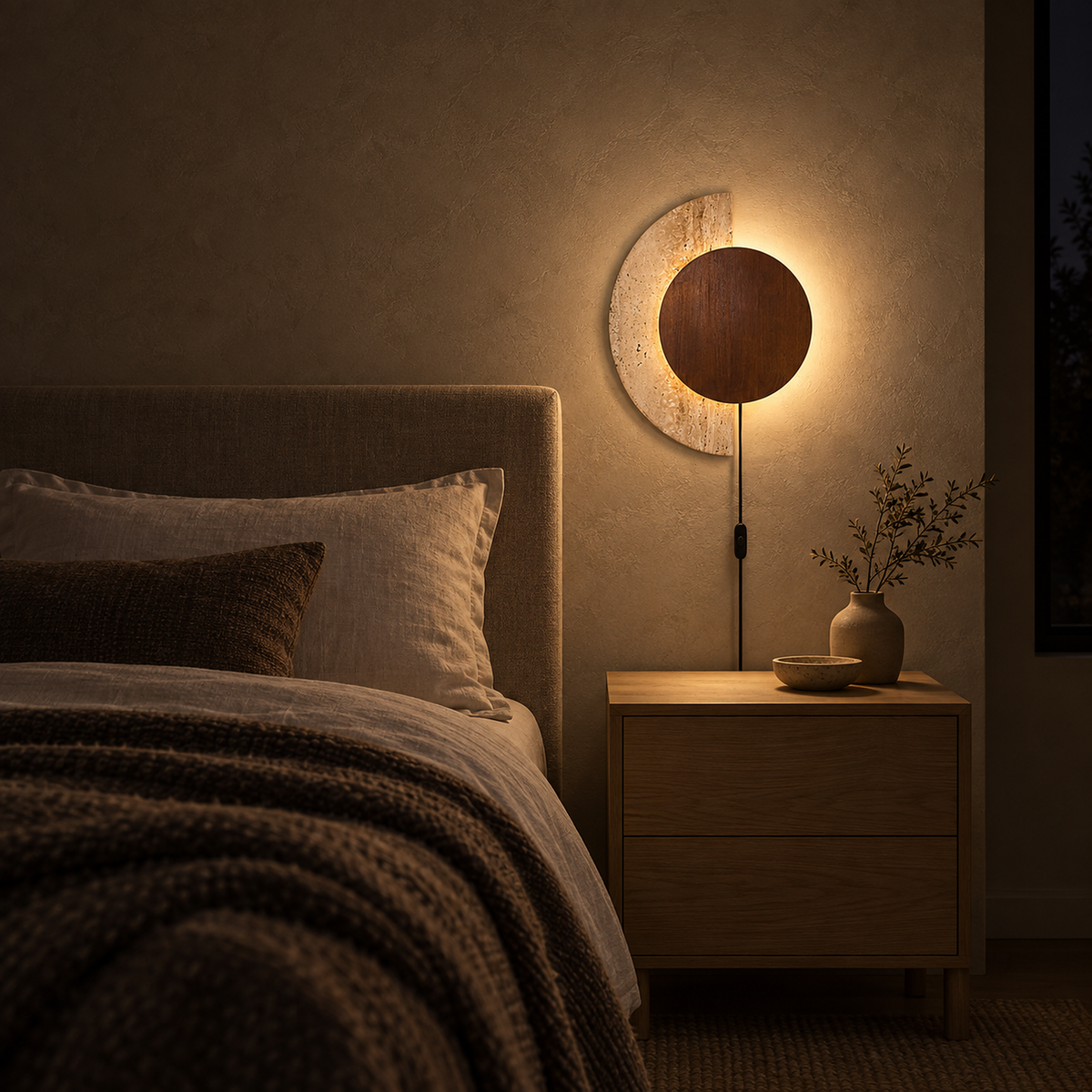Lomavo walnut bedside lamp lit at night with warm light glowing behind the wood disc