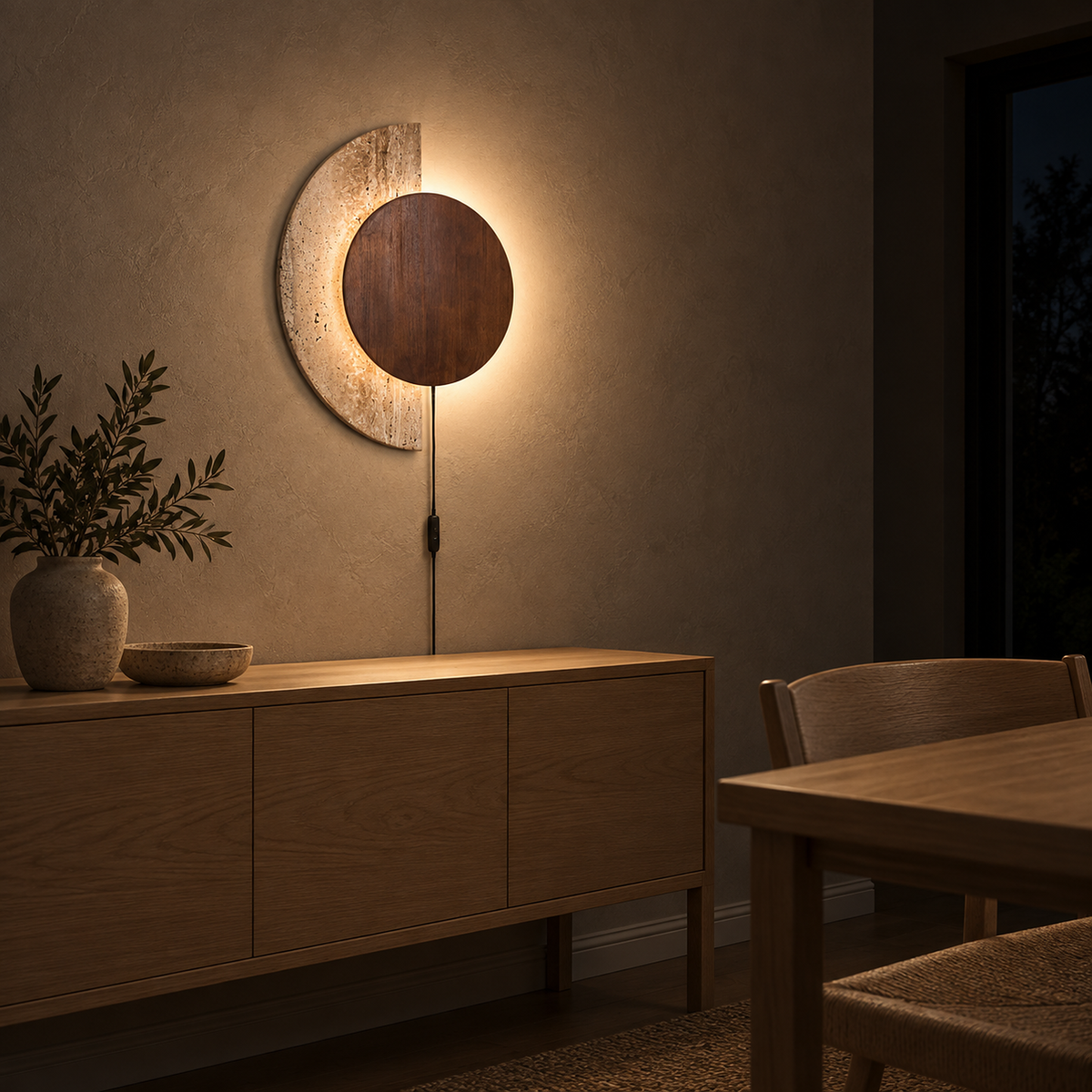 Lomavo walnut LED wall sconce casting warm 3000K light above a console after dark