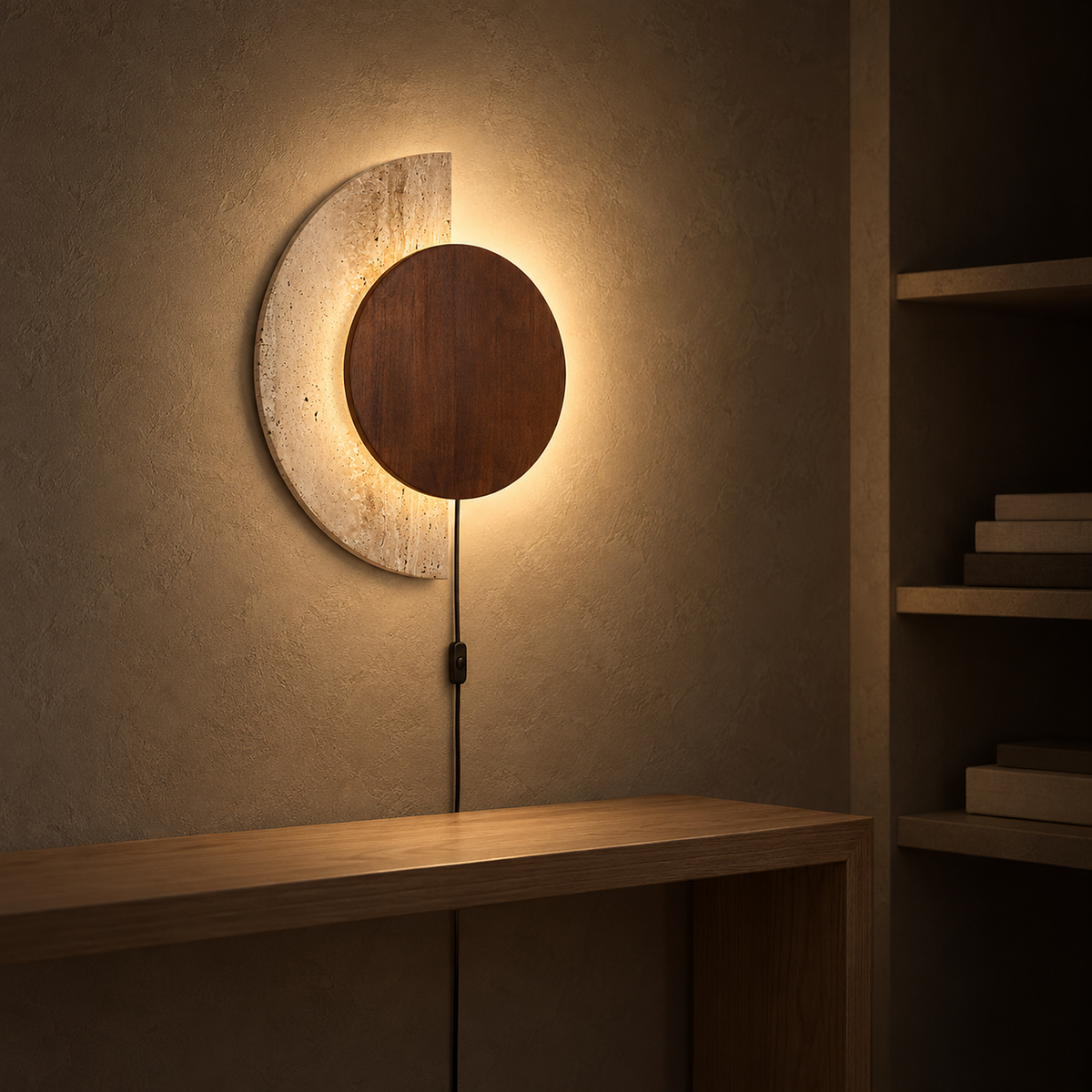 Lomavo walnut LED wall sconce washing a library console wall with warm light at night