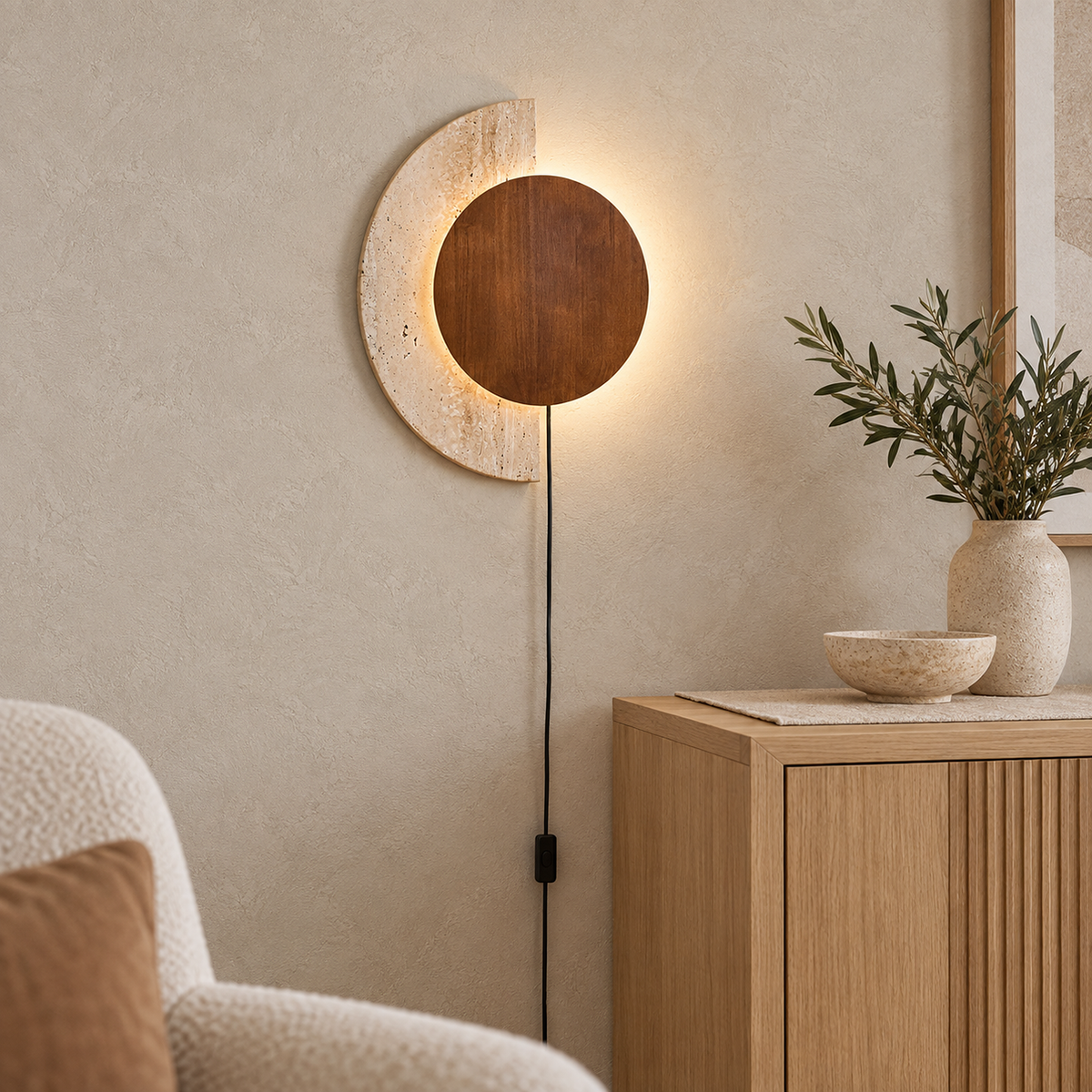 Lomavo walnut plug in wall sconce lit with its inline cord switch visible