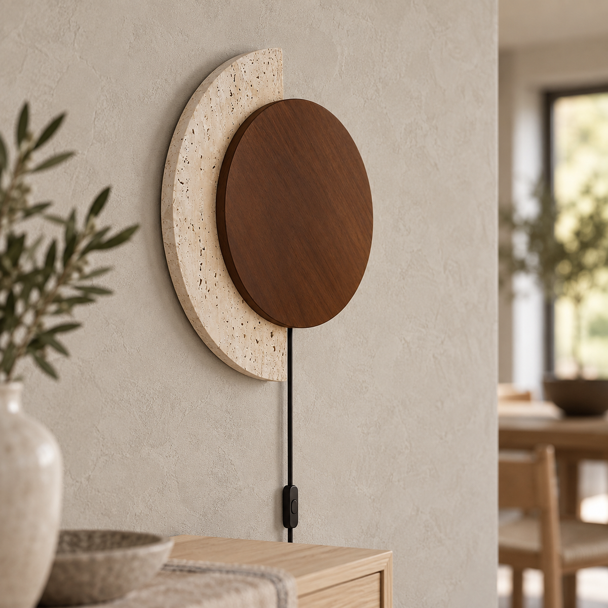 Lomavo walnut plug in wall sconce unlit in close detail showing the wood disc and travertine