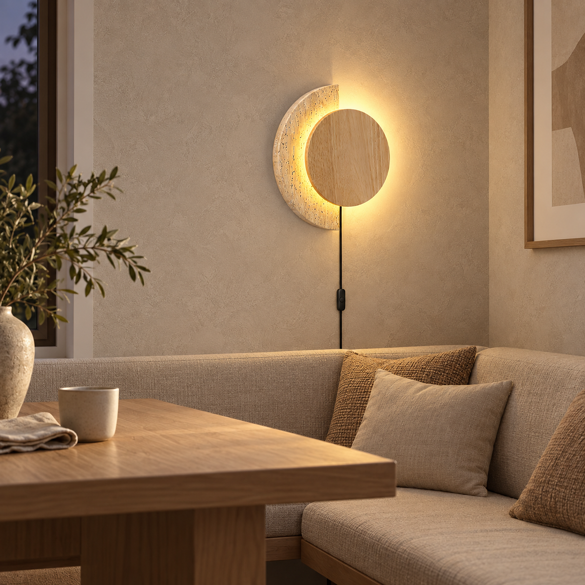 Lomavo wood color LED wall sconce casting warm reflected light beside a breakfast table #color_wood