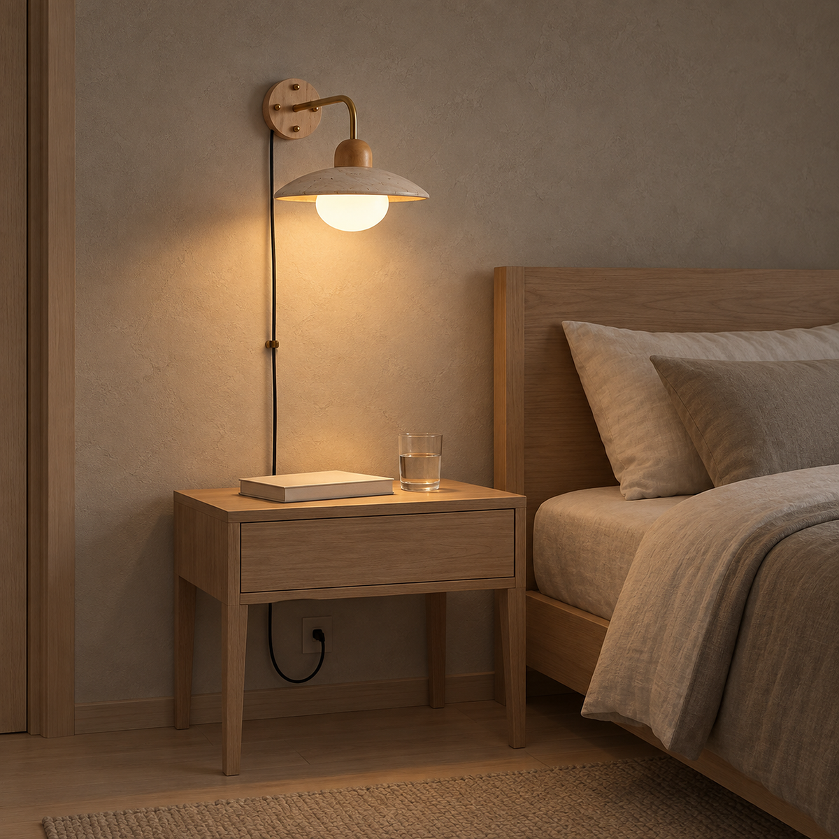 Lomiseta gold and yellow travertine bedside lamp on the wall leaving the nightstand clear