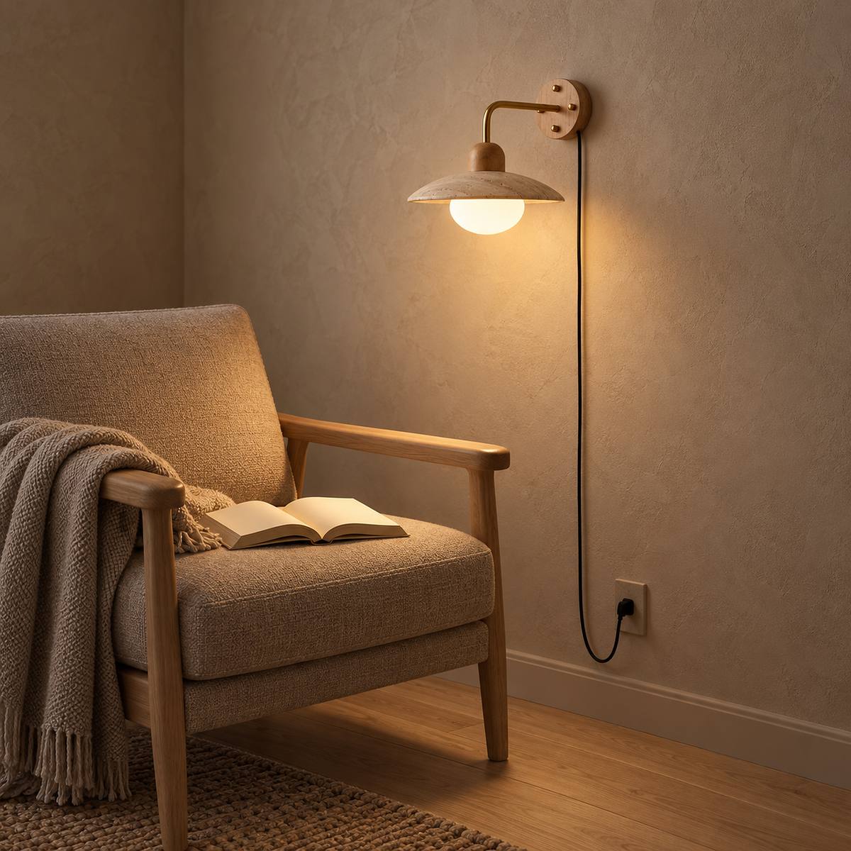 Lomiseta gold and yellow travertine wall sconce lighting an armchair without a side table